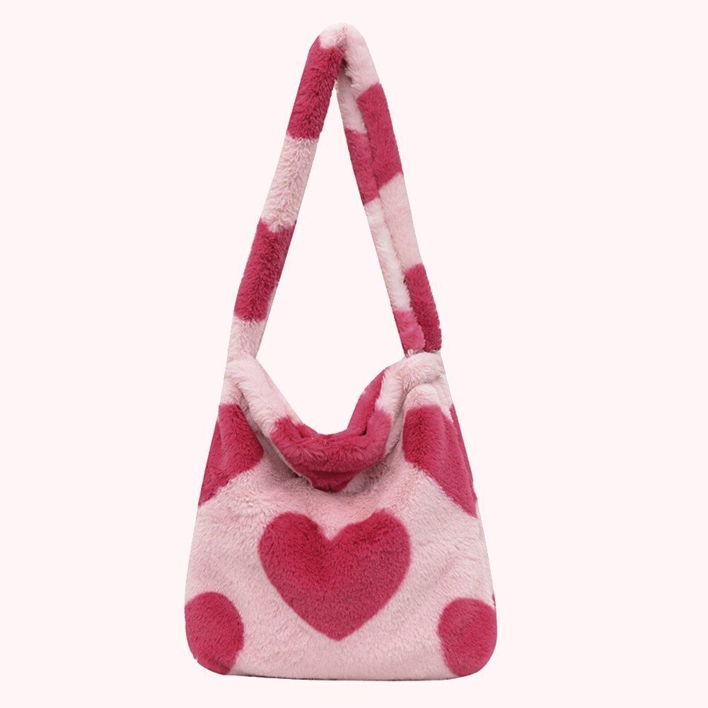 Cow Print Underarm Bag Soft Plush Pink Small Fluffy Shoulder Purse 25*17*7 CM