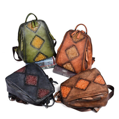 Travel Bag Vintage Rucksack Embossed Leisure Daypacks Genuine Leather Backpacks