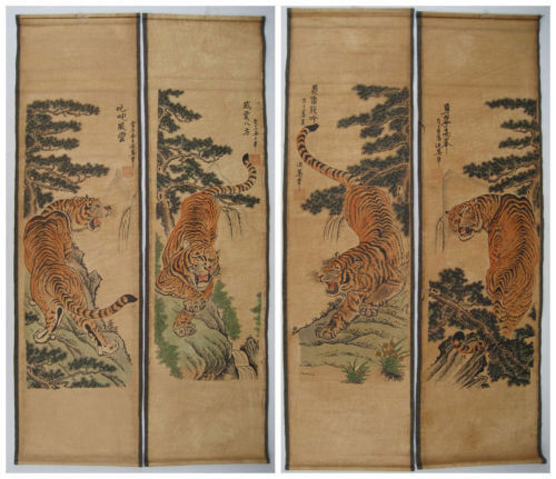 Old Chinese Calligraphy Scroll Painting Hand Painted 4 Tiger Painting