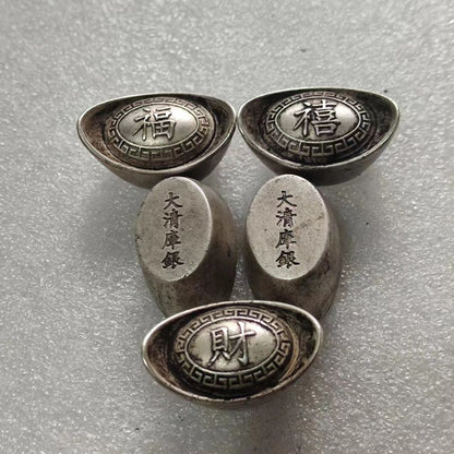 Qing Dynasty Antique Tibet Silver Ingots Famous Wealth Treasure Statues Set