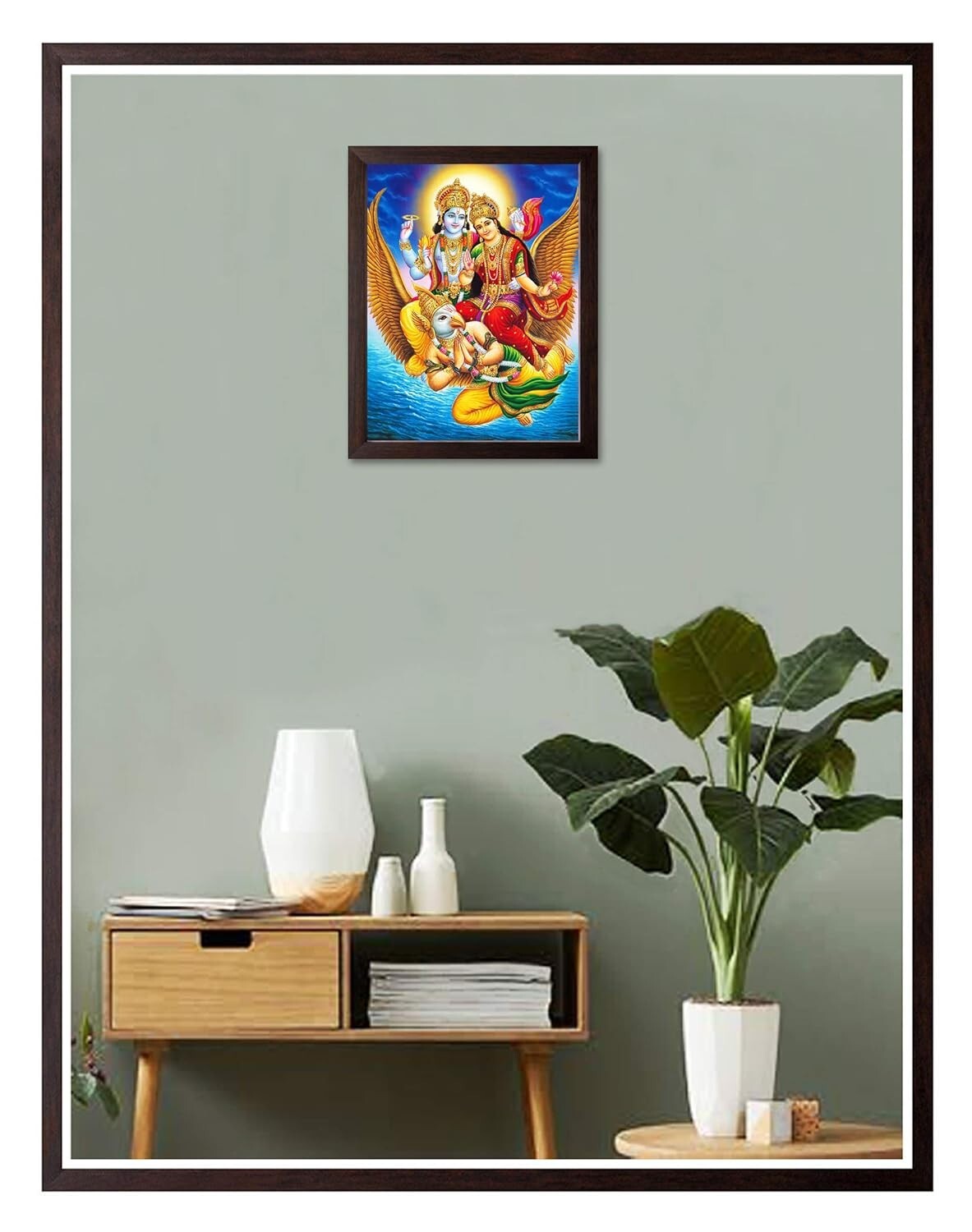 Lord Vishnu Goddess Lakshmi Painting HD Printed Religious Picture Wooden Frame