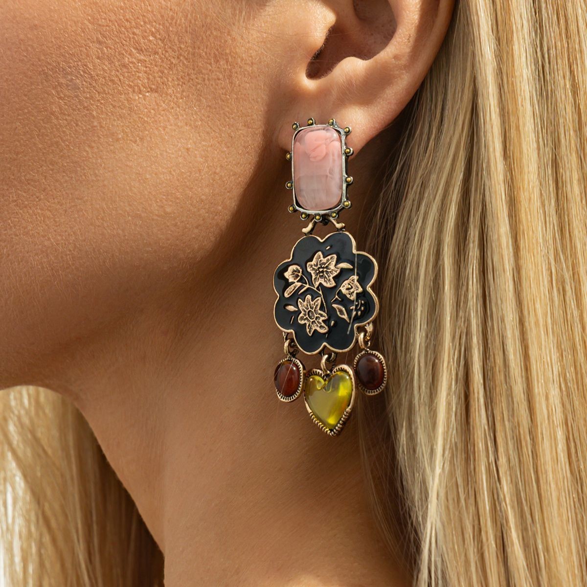 Spanish Vintage Court Gemstone Floral Heart Drop Earrings