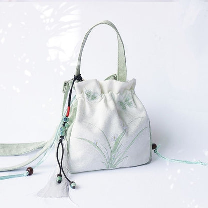 Embroidered Shoulder Bag Flower Bunch Mouth Tassel Exquisite Handbag Polyester