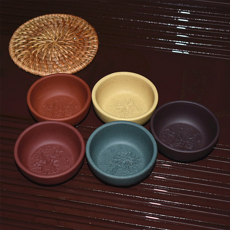 One Cup Peony Flower Carved Relief Tea Cup Marked Chinese Yixing Zisha Tea Cup