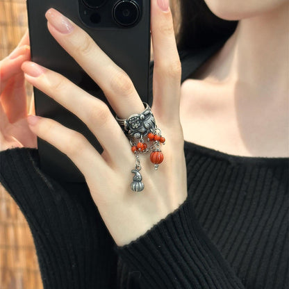 Handmade Lion Dance Ring Red Bead Gourd Chinese Style Niche Design Ethnic Ring