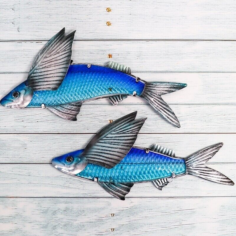 Wall Decor Flying Fish 2Pcs Metal Glass Sculpture Garden Art Hanging 38x2x18.5cm