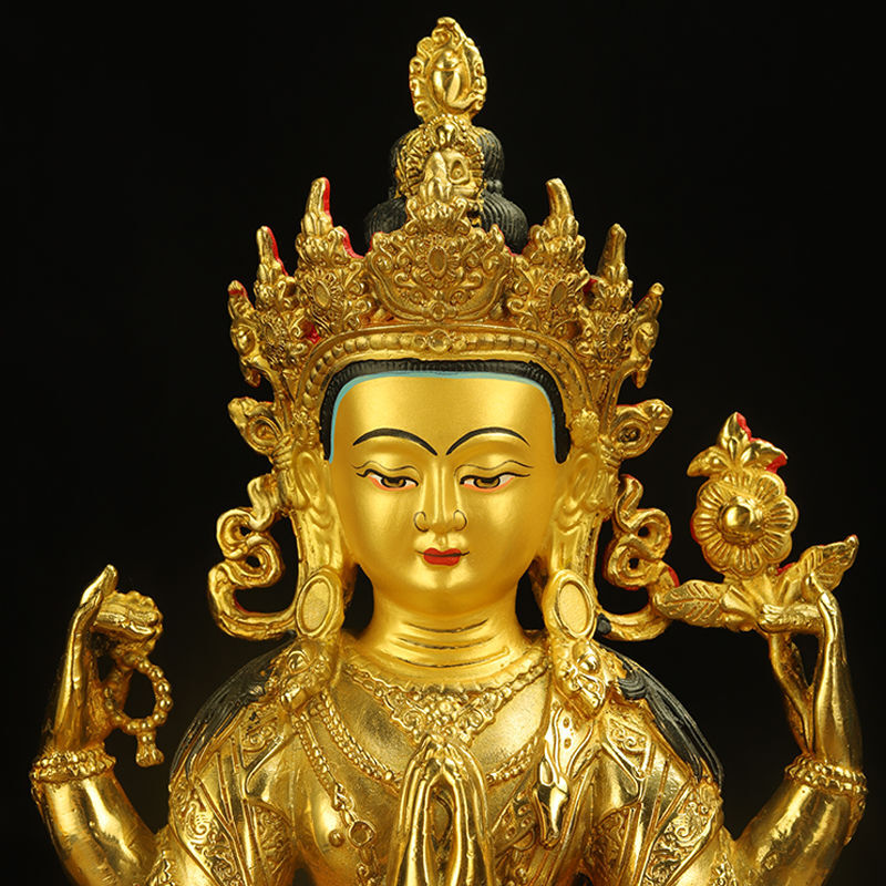 8" Chenrezig Kwan-yin 4 Arms Guanyin Divinity Buddha Statue Pure Bronze Gilt