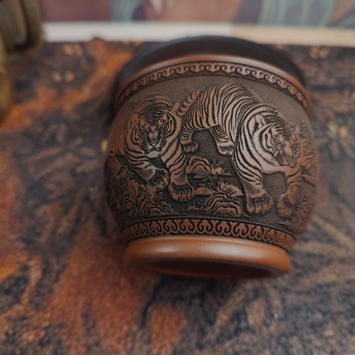 Yixing Zisha Zhuni Teacup 2.95in 150cc Hand Carved Five Tigers Relief