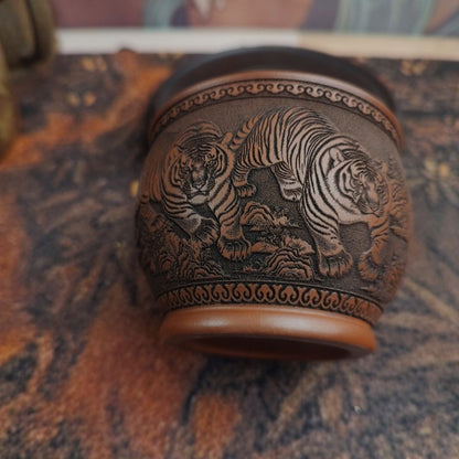 Yixing Zisha Zhuni Teacup 2.95in 150cc Hand Carved Five Tigers Relief