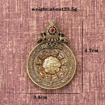 Vintage Brass Buddhist Tantra Eight Diagrams Keychain Zodiac Amulet Pendant