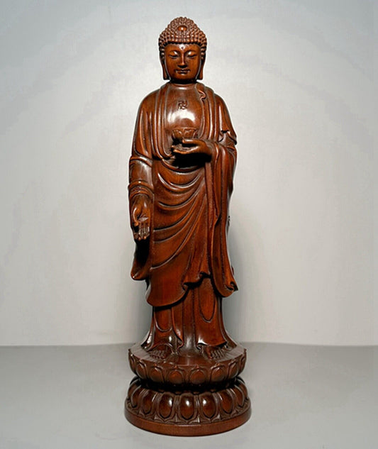 Vintage Chinese Boxwood Carving Shakyamuni Buddha Statue Wooden Sculptures Decor