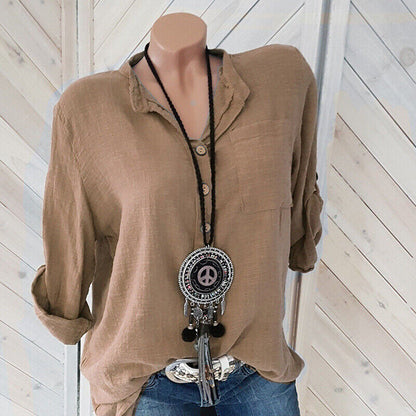 Womens Tunic Cotton Linen Pullover Blouse Tops Ladies Baggy Long Sleeve T-Shirt