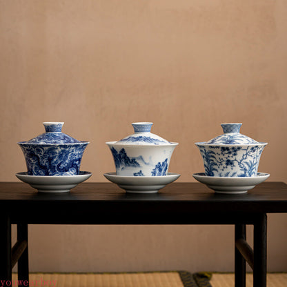 Teaware with Blue and White Gaiwan,Saucer Tea Tureen, Chinese Tea Maker Cover
