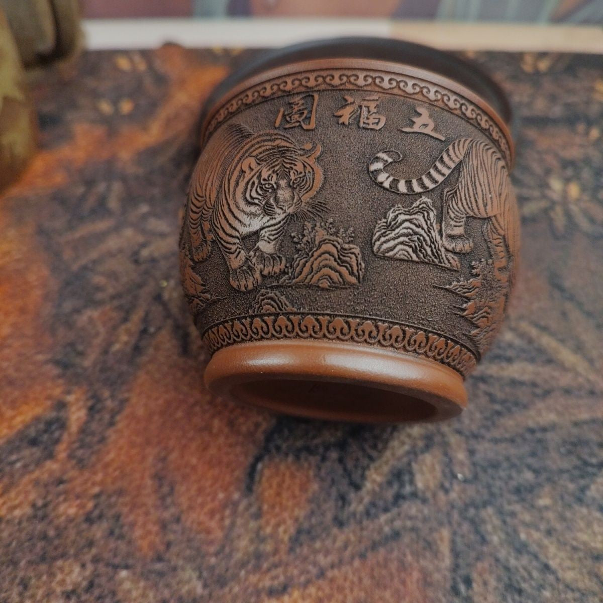 Yixing Zisha Zhuni Teacup 2.95in 150cc Hand Carved Five Tigers Relief