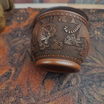 Yixing Zisha Zhuni Teacup 2.95in 150cc Hand Carved Five Tigers Relief