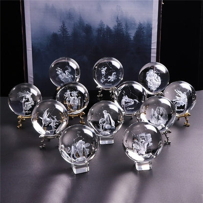 Zodiac Sign Star Crystal Ball Laser Engraved Glass Sphere Crystal 80MM Gift