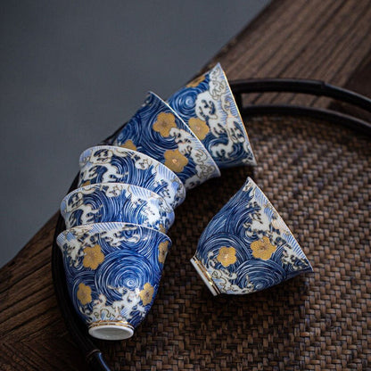 Ceramic Tea Cup Blue Gold Flower Set of 6 Chinese Kung Fu Tea Cups