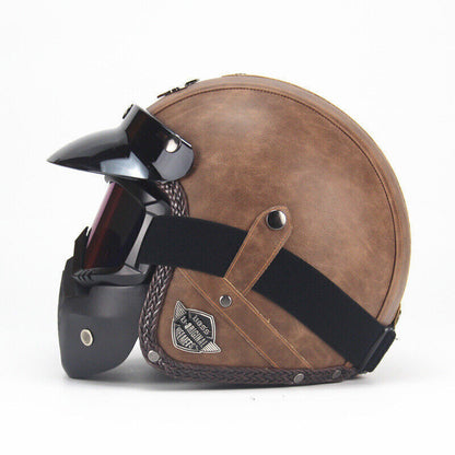 DOT Men Leather Motorcycle Half Face Helmet Goggles Mask Detachable Biker Pilot