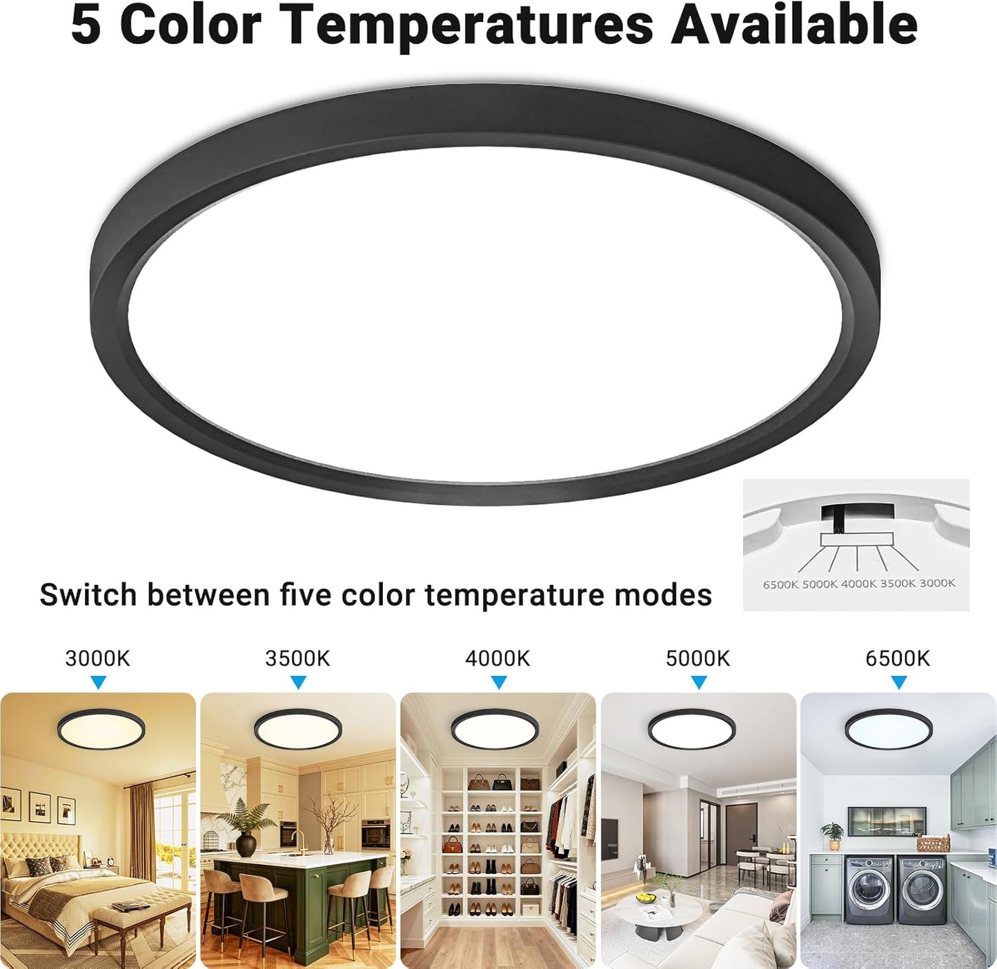 LED Flush Mount Ceiling Light,12Inch 24W,3000K/3500K/4000K/5000K/6500K 5 Color T