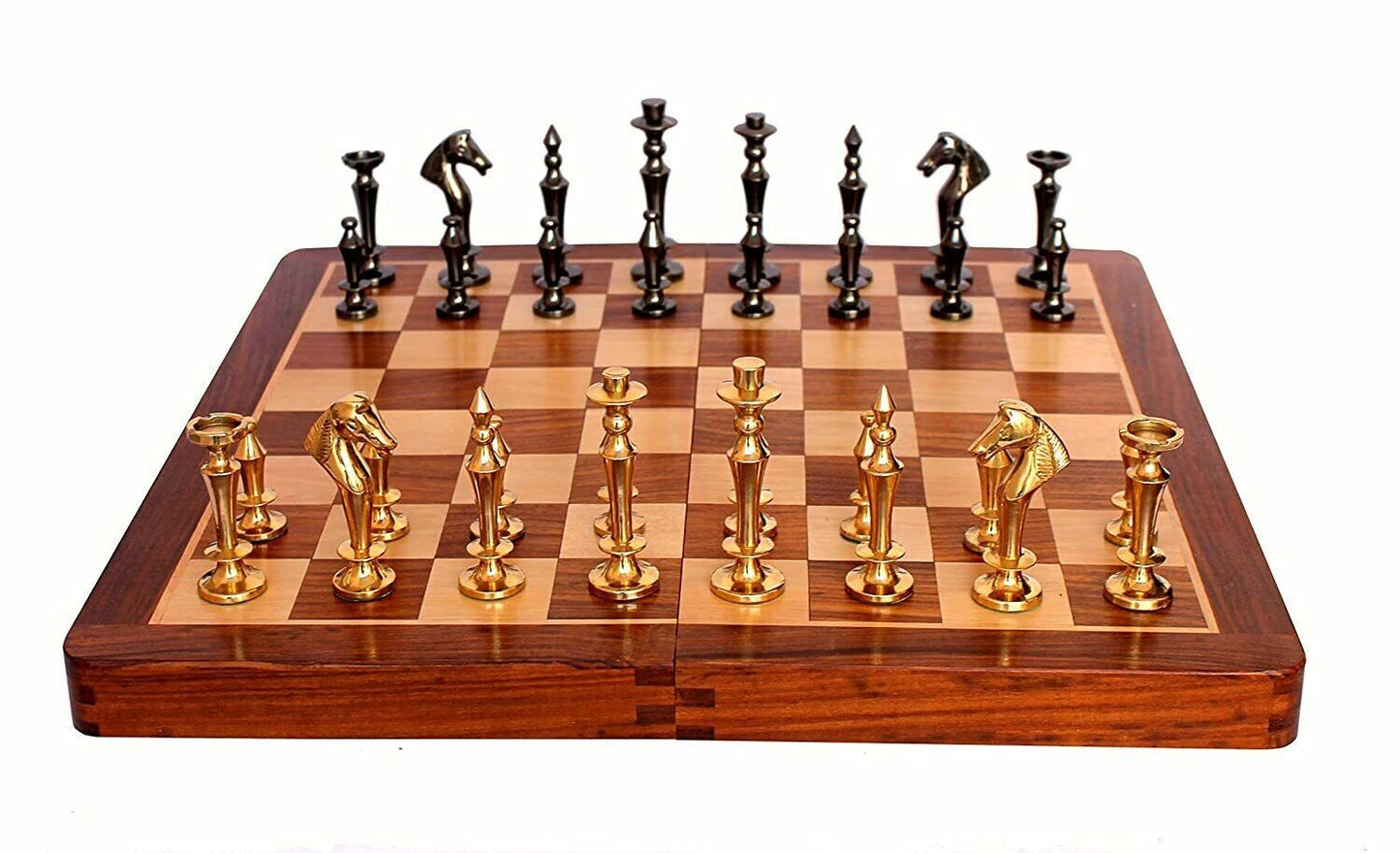 Folding Wooden Handmade Antique Chess Set Board with Brass Pieces 14" x 14"
