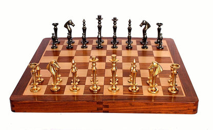 Folding Wooden Handmade Antique Chess Set Board with Brass Pieces 14" x 14"