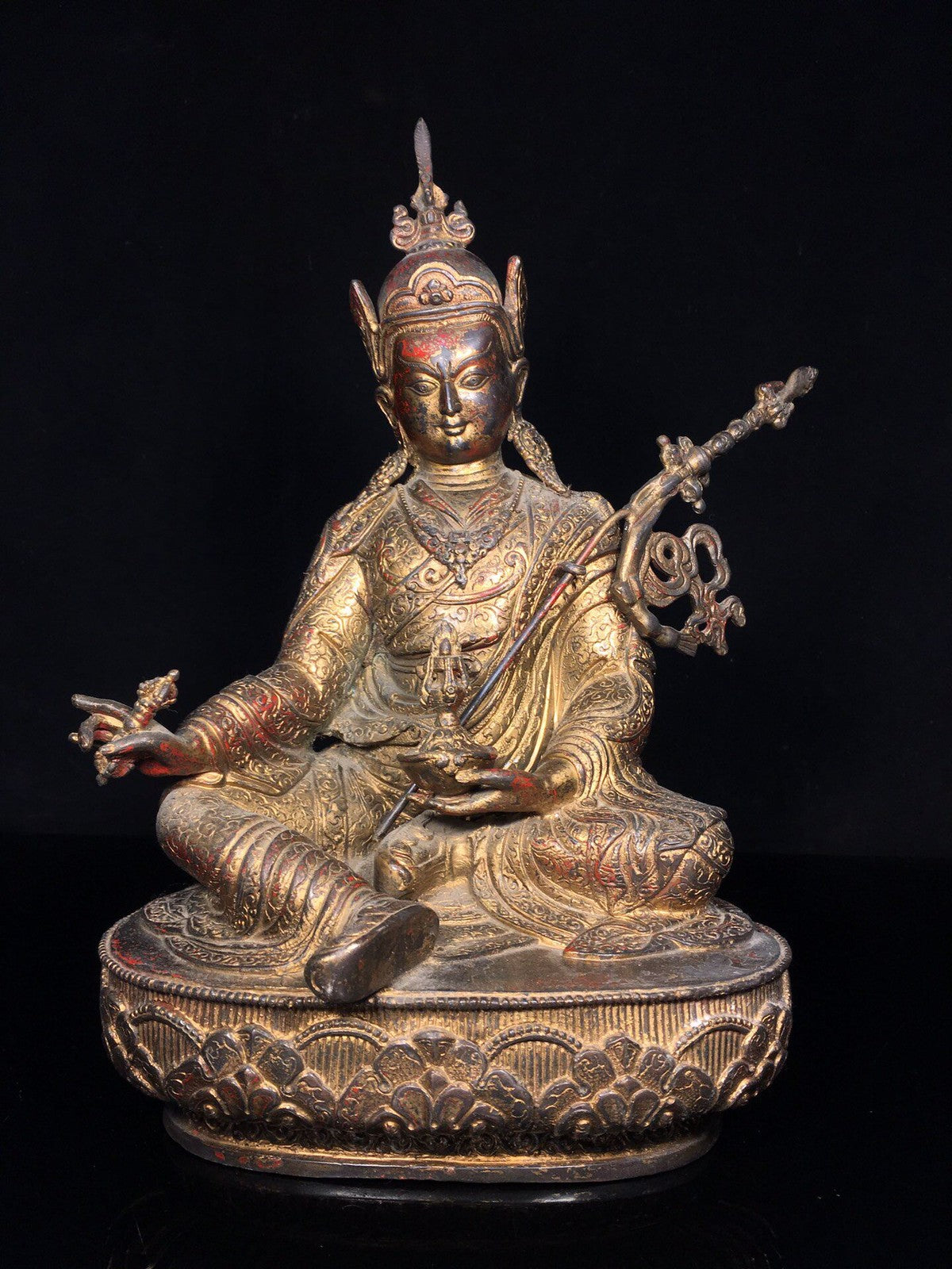 Old Dynasty Chinese Tibet Buddhism Temple Bronze Padmasambhava Buddha Statue