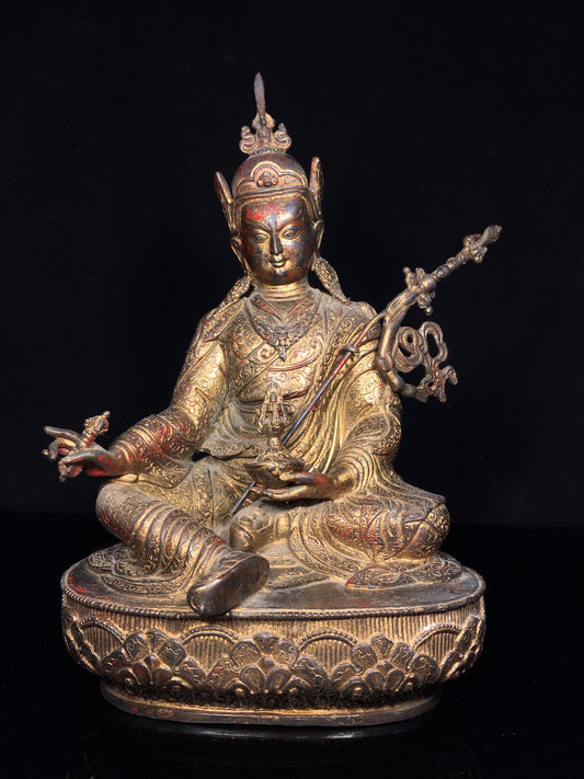 Old Dynasty Chinese Tibet Buddhism Temple Bronze Padmasambhava Buddha Statue