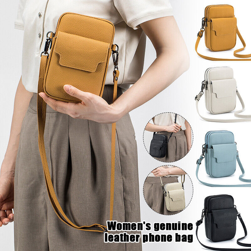 Women's Genuine Leather Double-Layer Zipper Phone BagShoulder Bag Crossbody Bag