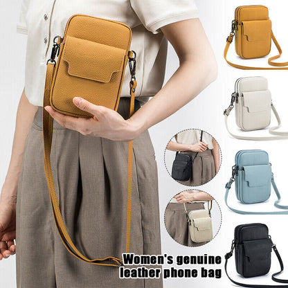 Women's Genuine Leather Double-Layer Zipper Phone BagShoulder Bag Crossbody Bag
