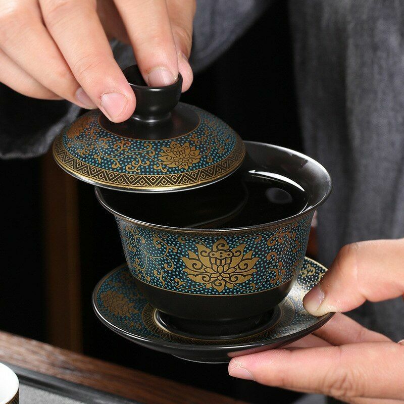 Chinese Tea Set Classical Gaiwan Cup Black Clay 180ml Traditional Handmade Bowl