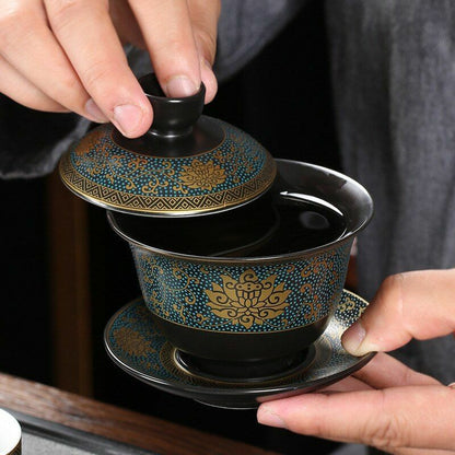 Chinese Tea Set Classical Gaiwan Cup Black Clay 180ml Traditional Handmade Bowl