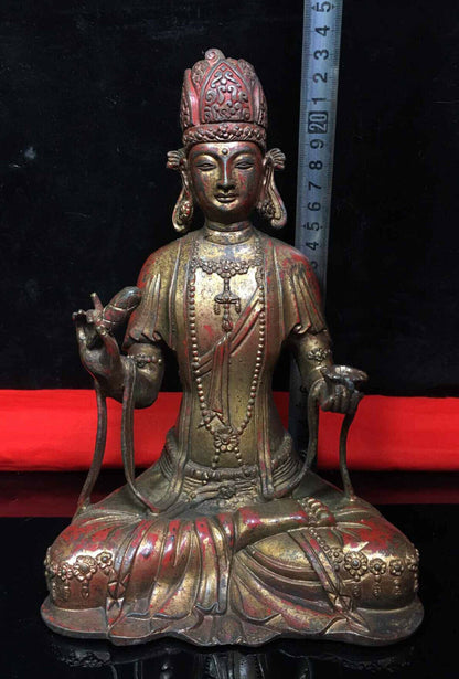 9.2" Old Dynasty China Buddhism Tibet Temple Bronze Kwan-Yin Buddha Statue