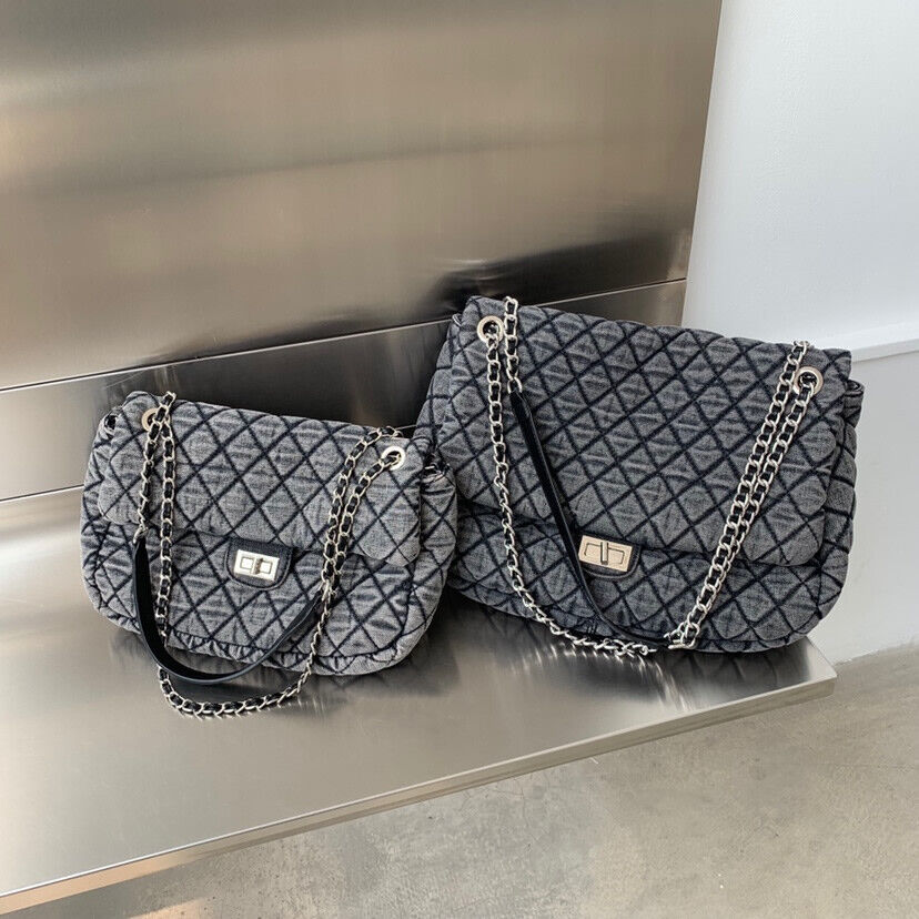 Large Quilted Denim Shoulder Bag Flap Purse Handbag w/ Chains Fashion Hobo Tote