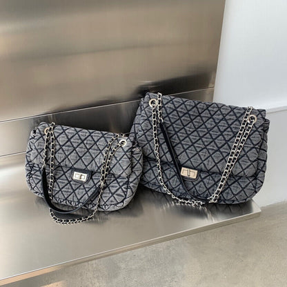 Large Quilted Denim Shoulder Bag Flap Purse Handbag w/ Chains Fashion Hobo Tote