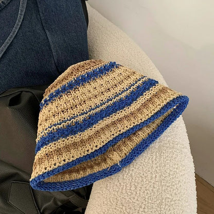 Women Bucket Hats Color Woven Summer Japanese Show Face Beach Sun Caps Sunshades
