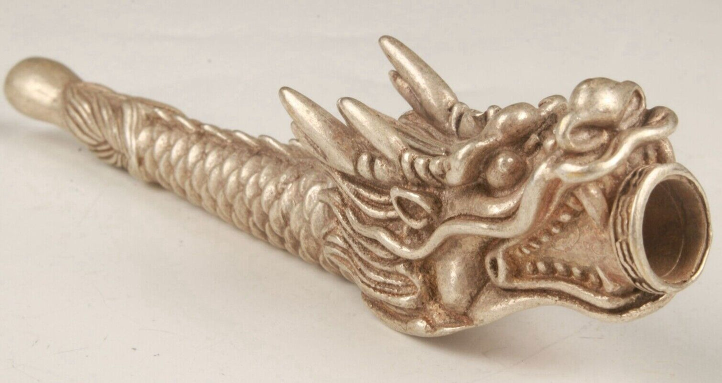 Old Chinese Tibet silver hand-carved dragon smoking pipe f416
