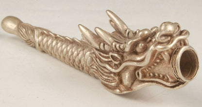 Old Chinese Tibet silver hand-carved dragon smoking pipe f416