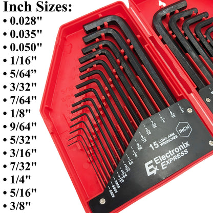 30 Piece Hex Wrench Set, Popular Inches and Metric Sizes with Red Storage Case