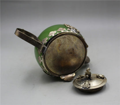 China Old Tibetan Silver Inlay Jade Hand Carved Dragon Teapots Collection