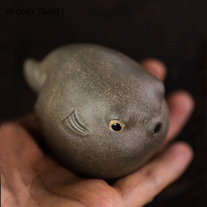 2.83" Creativity Yixing Purple Clay Tea Pet Pufferfish Statue Ornaments Handmade