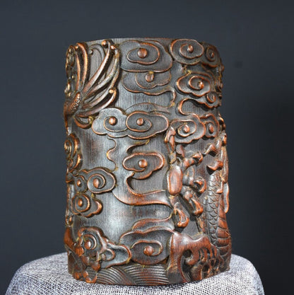 Old Chinese Bamboo Handcarved Dragon Jar Pots Pen Holder