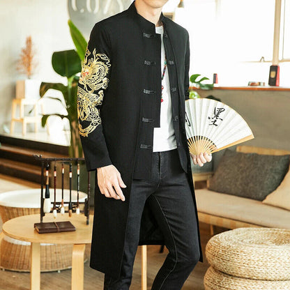 Coat Men Cardigan Coat Male Long Chinese Style Black Loose Linen Jacket