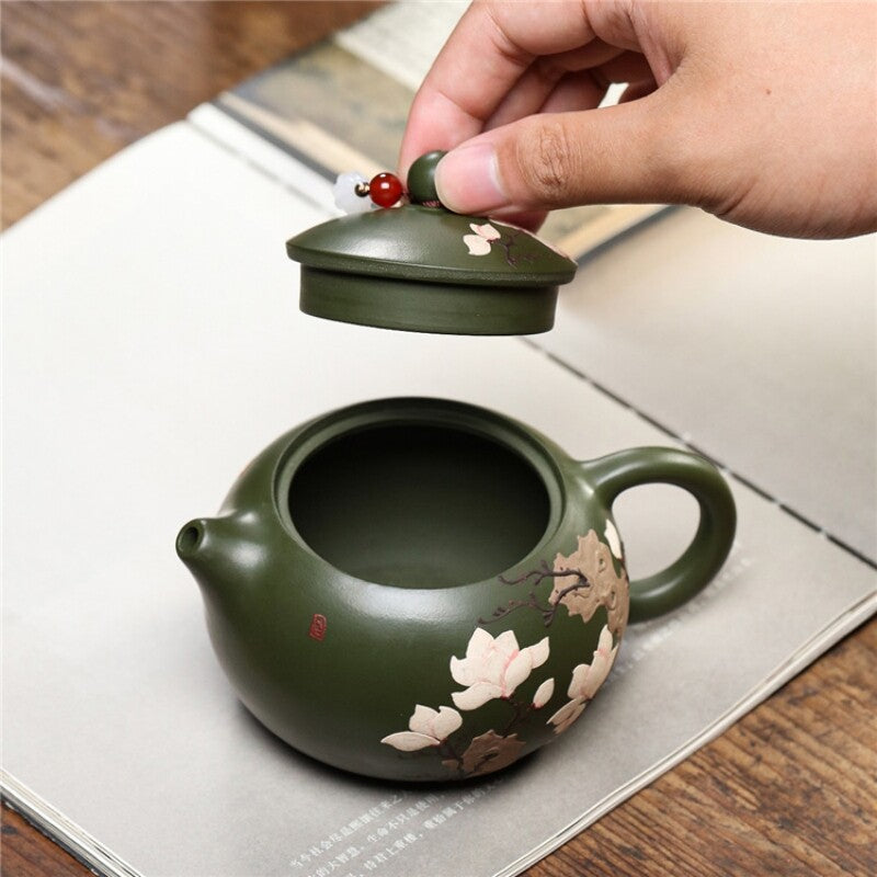 Handmade Tea Pot Marked Xishi Pot 9 Infuser Hole Flower Relief Yixing Zisha Clay