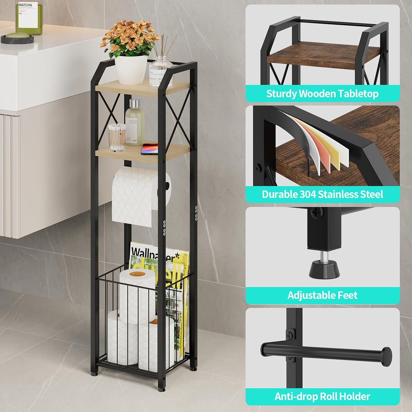 Freestanding Toilet Paper Holder - 4-Tier Bathroom Tissue Organizer with Wood Sh