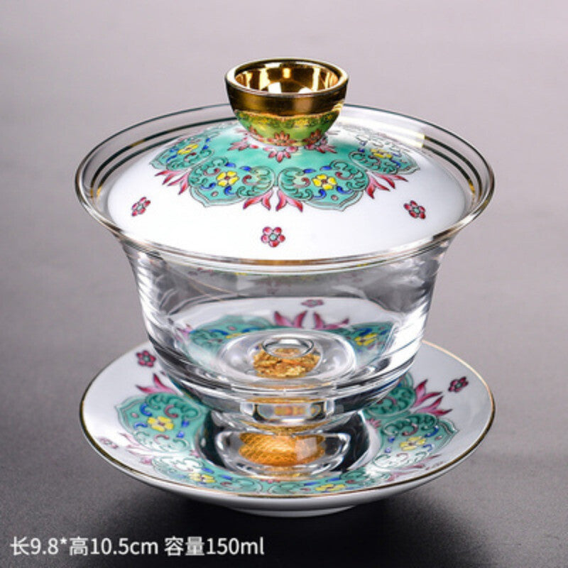Tea Bowl Thickened Glass Tureen Tea Cover Bowl Lid Sancai Gaiwan Hand Painted