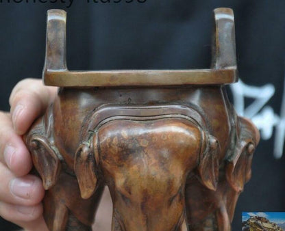 5" Mark Old Chinese Buddhism Bronze Elephant Head Statue Incense Burner Censer