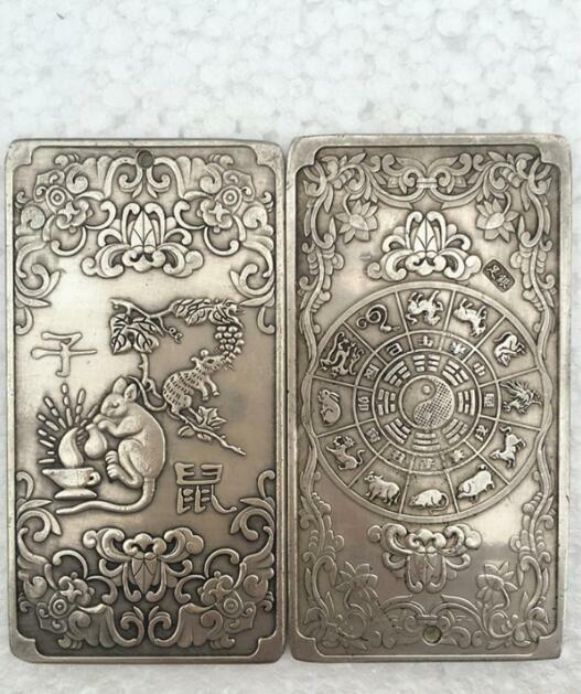 12Pc Chinese Old Ancient Twelve Zodiac Tibetan Silver Bullion Thanka Amulet Set