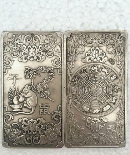 12Pc Chinese Old Ancient Twelve Zodiac Tibetan Silver Bullion Thanka Amulet Set
