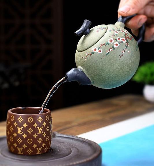 6" Yixing Zisha Pottery Bean Green Clay Handmade Plum Blossom Teapot Tea Pot