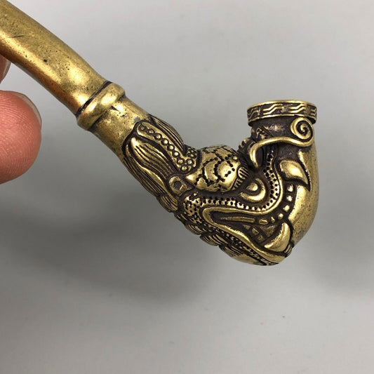 Chinese Old Brass copper Handwork Lifelike Dragon Sm0king Pipe Statue